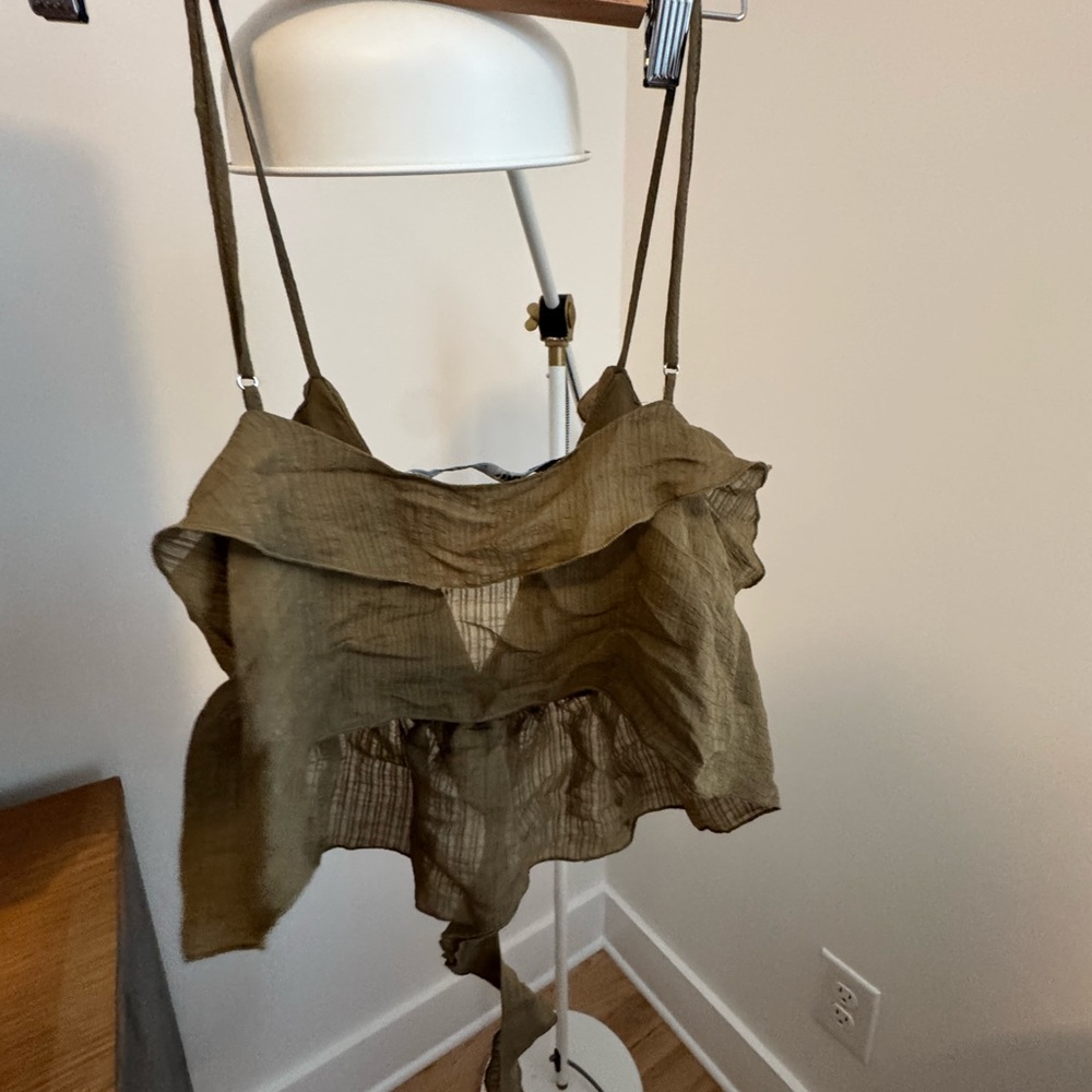Zara Olive Green Sheer Ruffled Top